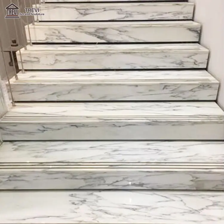 Villa Floor Design Indoor Staircase Beige Panda White Marble Tiles Stairs Step