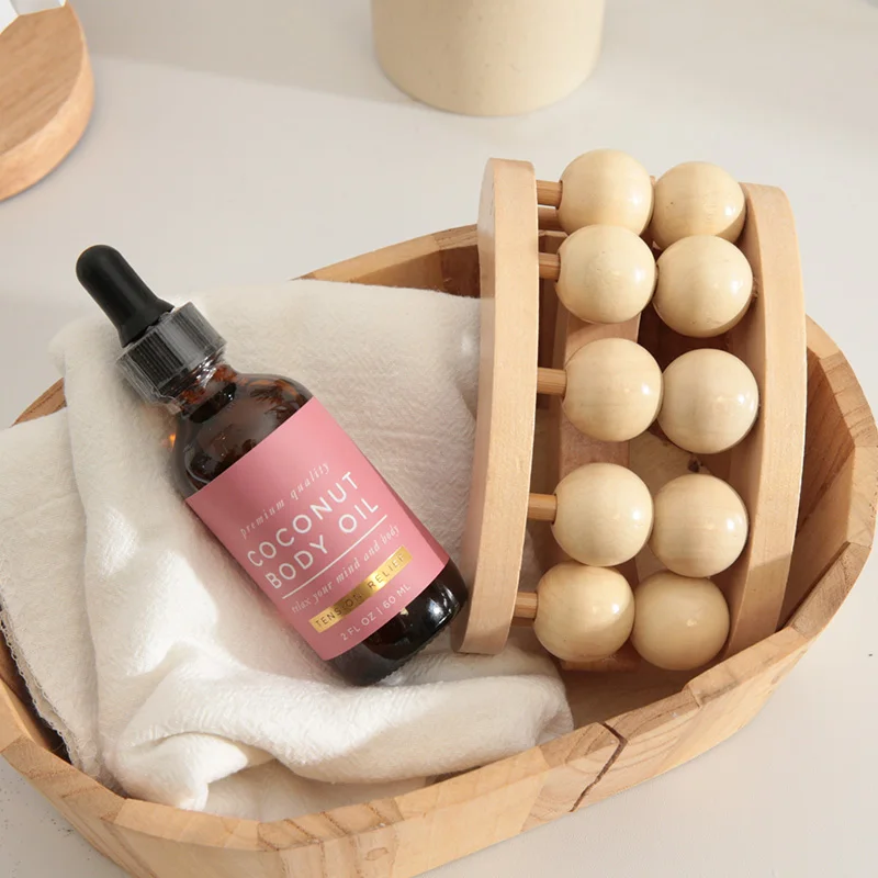 Coconut Oil and Wooden Massage Roller Set Relaxation Lymphatic Massage Kit with Coconut Oil Deep Tissue Wooden Massager