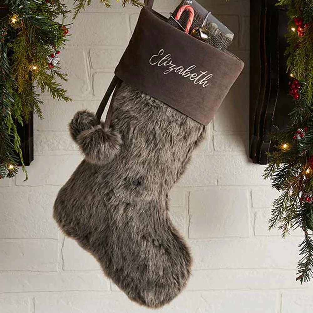 Custom Blank Canvas Santa Sock Lvory Faux Fur Christmas Stockings for Embroidery with Pom Pom