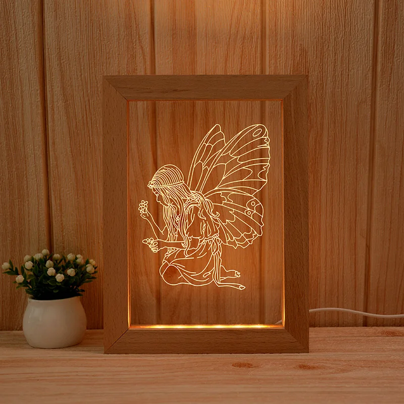 Wholesale  factory  Solid Wood LED Photo Light Table Desk Modern Style 3D Wood Frame Night Light Lamp