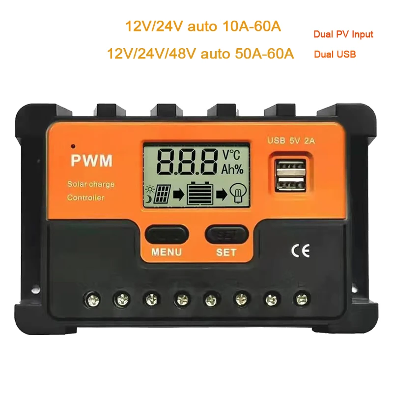  PWM регулятором солнечного заряда контроллер 12V 24V 48V Авто 10A 20A 30A 40A 50A 60A 80A портативное зарядное устройство от солнечной энергии с пульт дистанционного управления ЖК-дисплей двойной USB кабель для