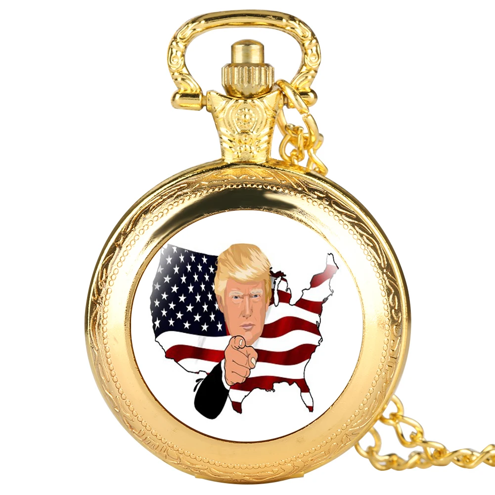 Trump President Souvenir Necklace Pocket Watch American Flag Pendant Chain Clock Collectibles Gifts for Fans
