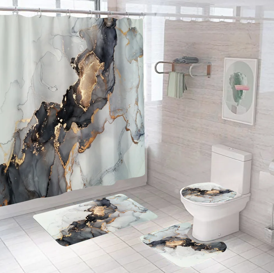Hot Sale Hotel Rideau De Douche Custom Luxury Marbling Waterproof Shower Curtain Set 4 Pcs