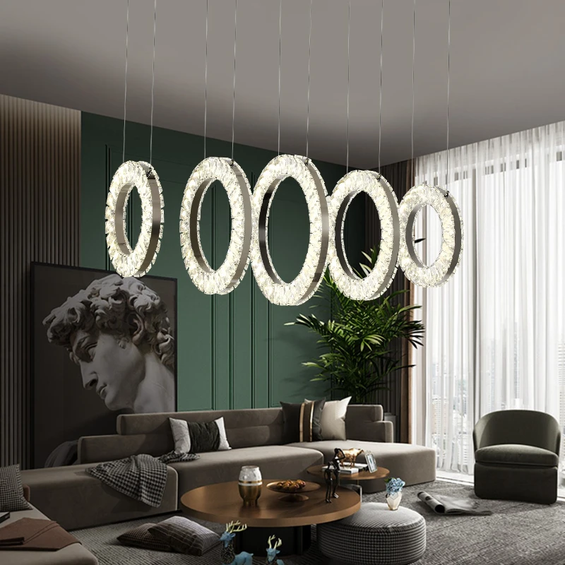 dimmable nordic modern led pendant lighting fixture 5  led rings k9 crystal chandelier luxury