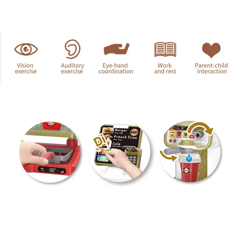 Kids play house kitchen cooking games cute fast food coffee machine burger table ordering table toys