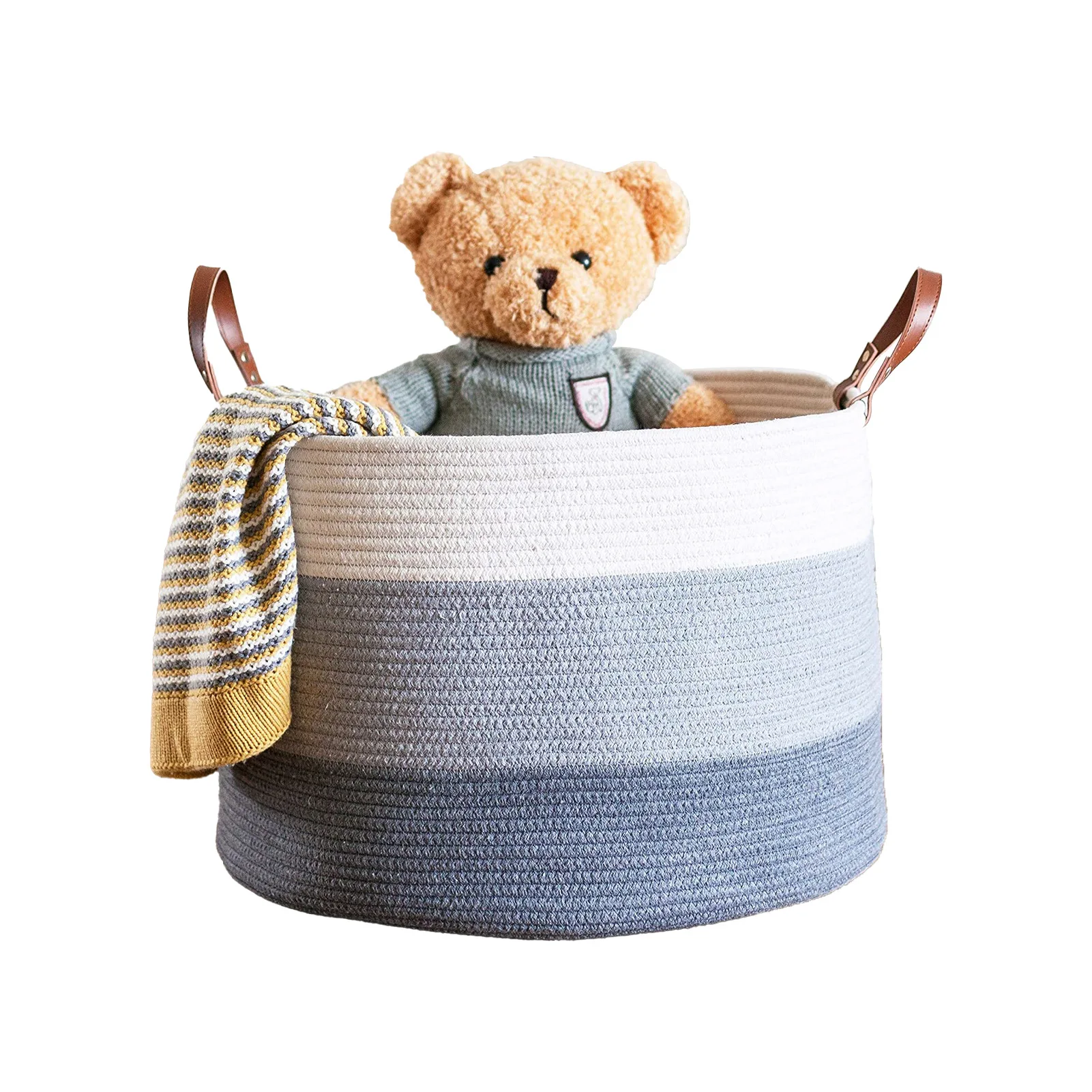 Multi Purpose Large Blanket Basket Living Room Cotton Rope Basket with Real Leather Handles Large Baskets for Blankets Storage
