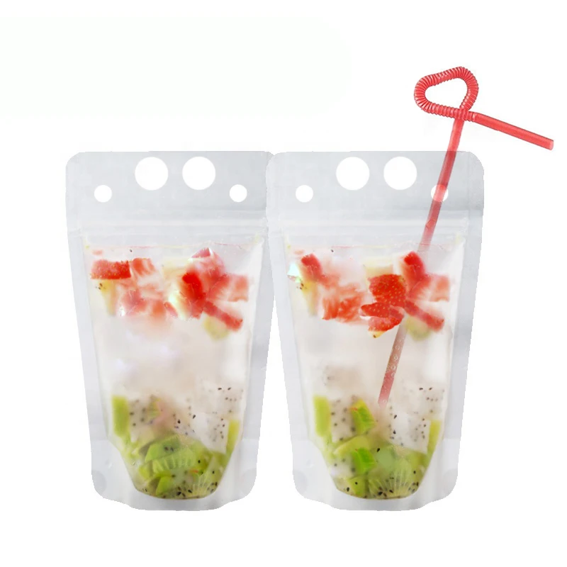 
In Stock and Custom Juice Sealed Drink Pouches Clear Reclosable Hand Held Zipper Plastic Drinking Bags With Plastic Straw 