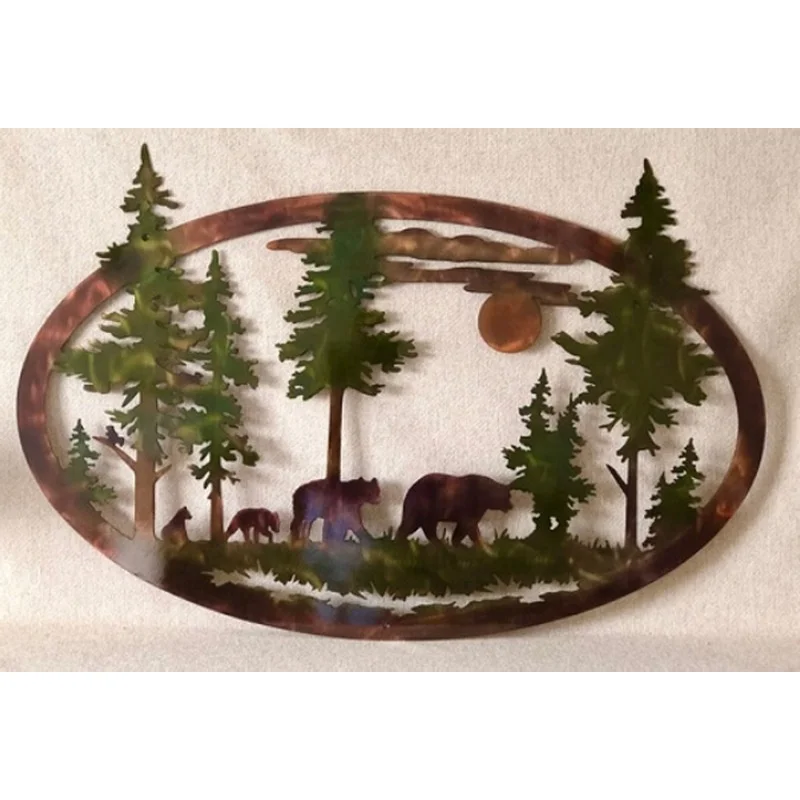Deer Bear Mountain and Trees Metal Wall Art Indoor Outdoor Wall Decoration