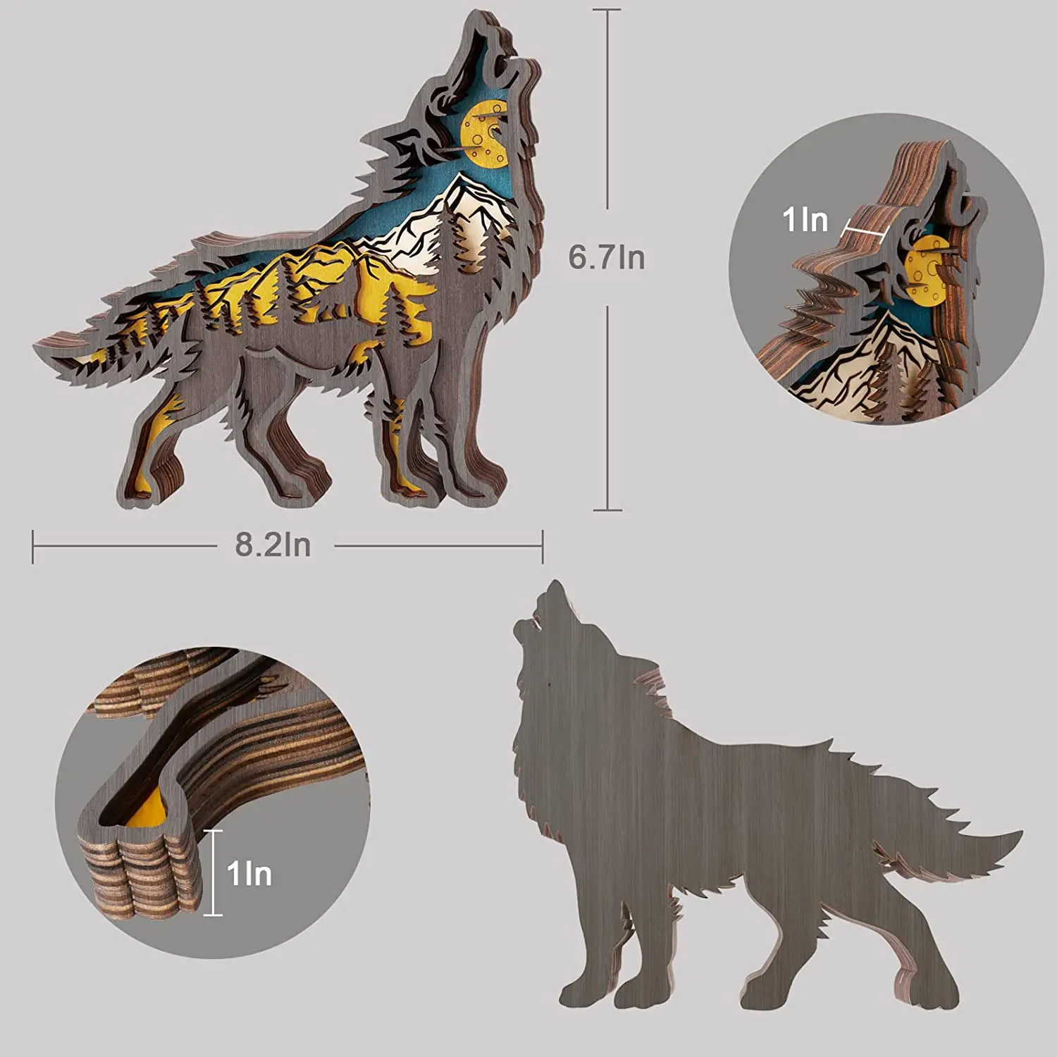 Forest Animal Wooden Home Sculptures Ornament,Multi-Layer 3D Wood Carving Art Shelf Table Wood Crafts Home Furnishing (Wolf