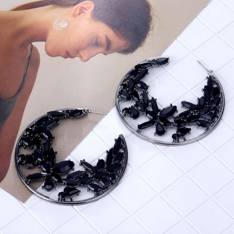 HOVANCI Summer New Micro Paved Diamond Crystal Big C Shape Hoop Earrings Simple Open Hollow Out Crystal Floral Circle Earrings