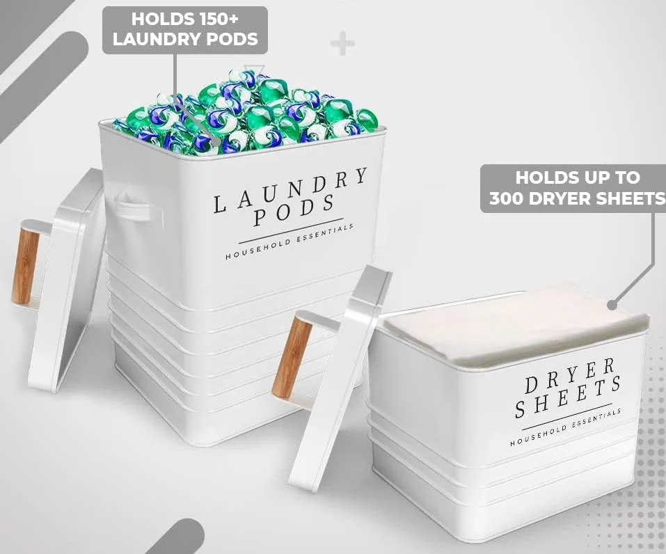 Metal Laundry Pods Container with Dryer Sheet Holder for Laundry Room Organization and Storage