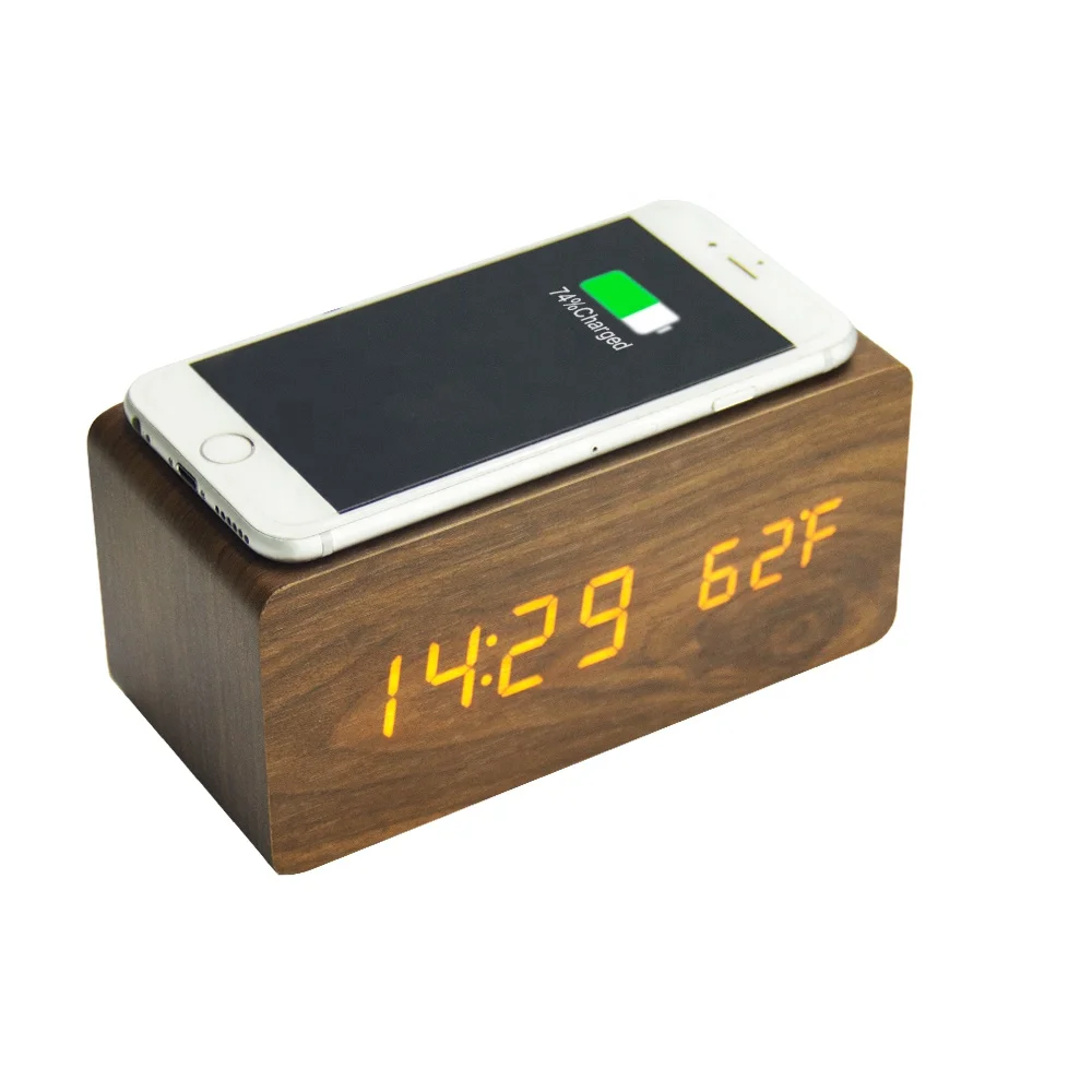 EMAF Kid table desk top bamboo wireless charging digital led light wooden smart alarm clock with temperature wireless recharger