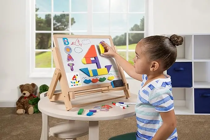 Wood Double-Sided Tabletop Easel Children Magnetic Dry Erase Whiteboard & Chalkboard, Alphabet Phonic Letters & Shapes