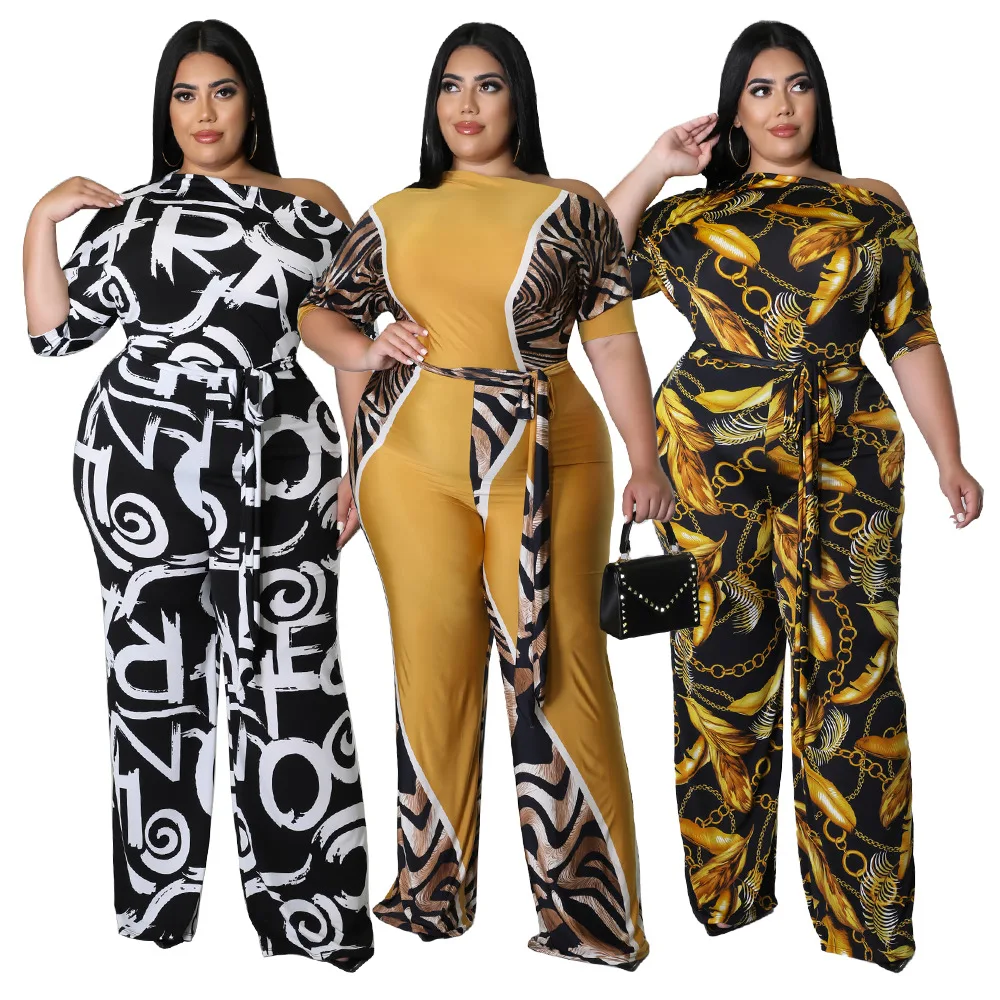 Plus Size Jumpsuit Trousers Womens Summer Half Sleeve Large African Clothes Sashes Print Off-Shoulder Fat Woman Jumpsuit 2024