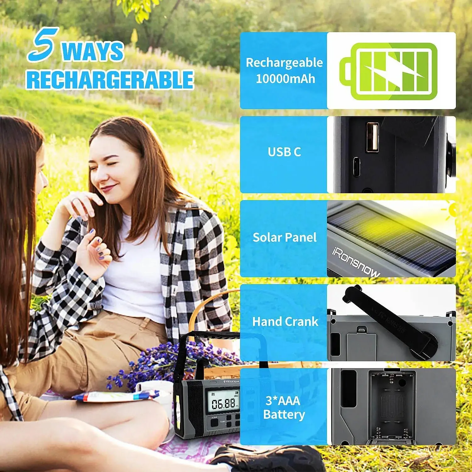 Solar USB Charging Portable Radio Hand Crank Dynamo Power Bank LED Flashlight SOS Emerncy MP3 Player Screen Weather Radio