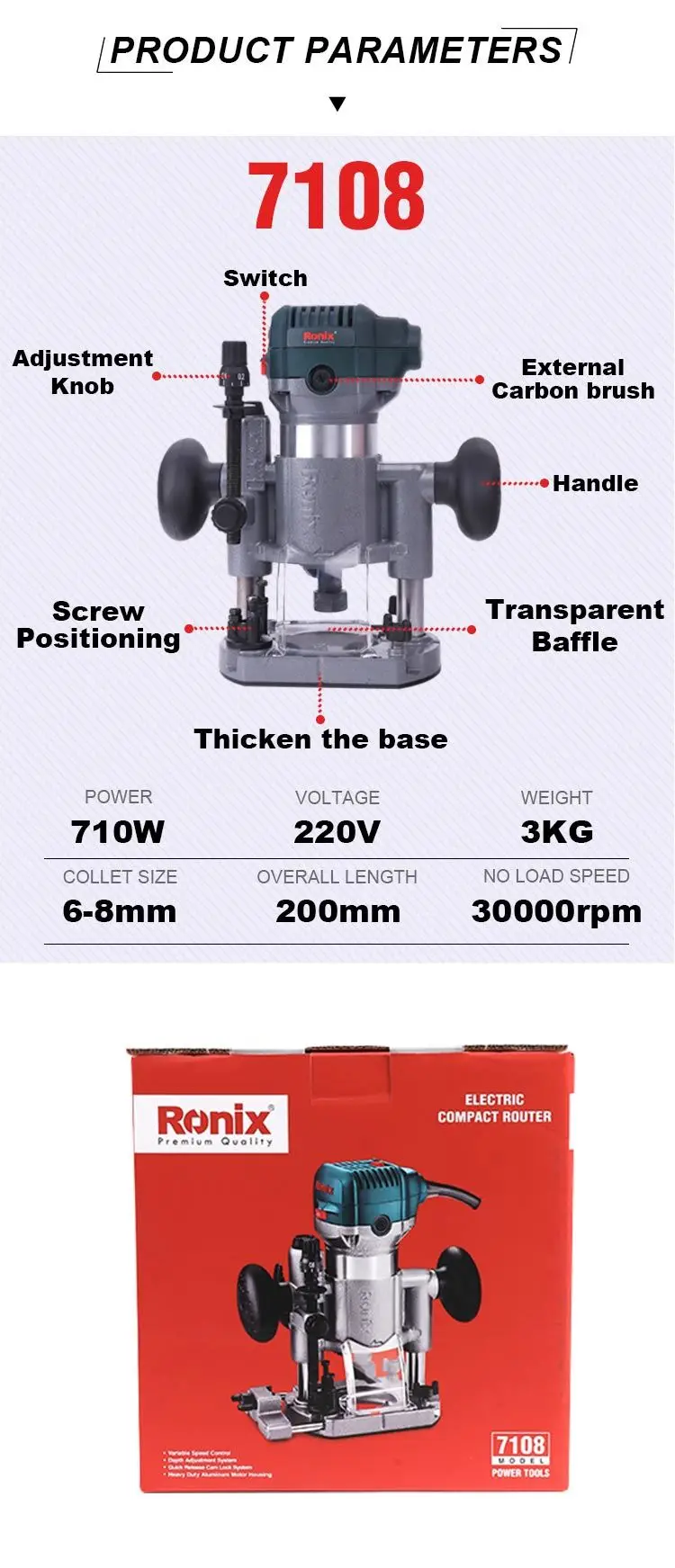 Ronix 7108 Model Electric Compact Wood Router / Trimmer 220V 710W Wood Working CNC Router Power Portable Machine