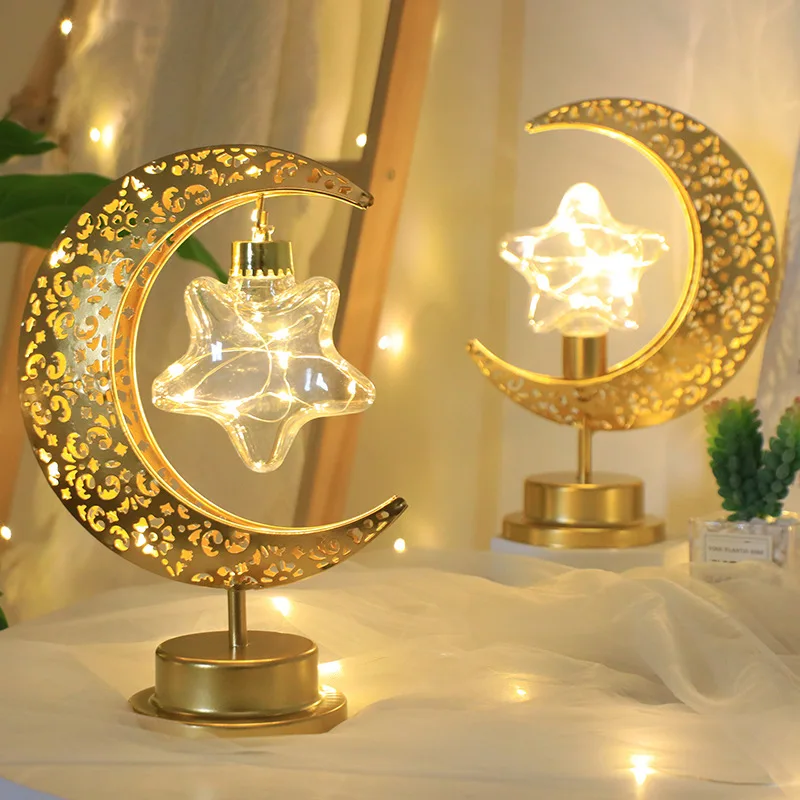 New Eid Mubarak Decor Islamic Gift Metal Crafts Ramadan Decorations Led Battery Light Moon Star Table Ramadan Night Lamps