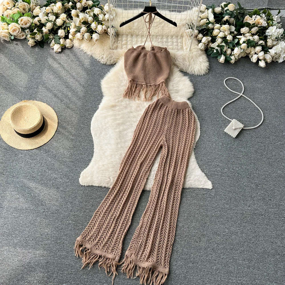 STOCK 4Colors Free Size Bikini Tank Top Tassel Knit Beach Pant Crochet Women Two Pieces Set