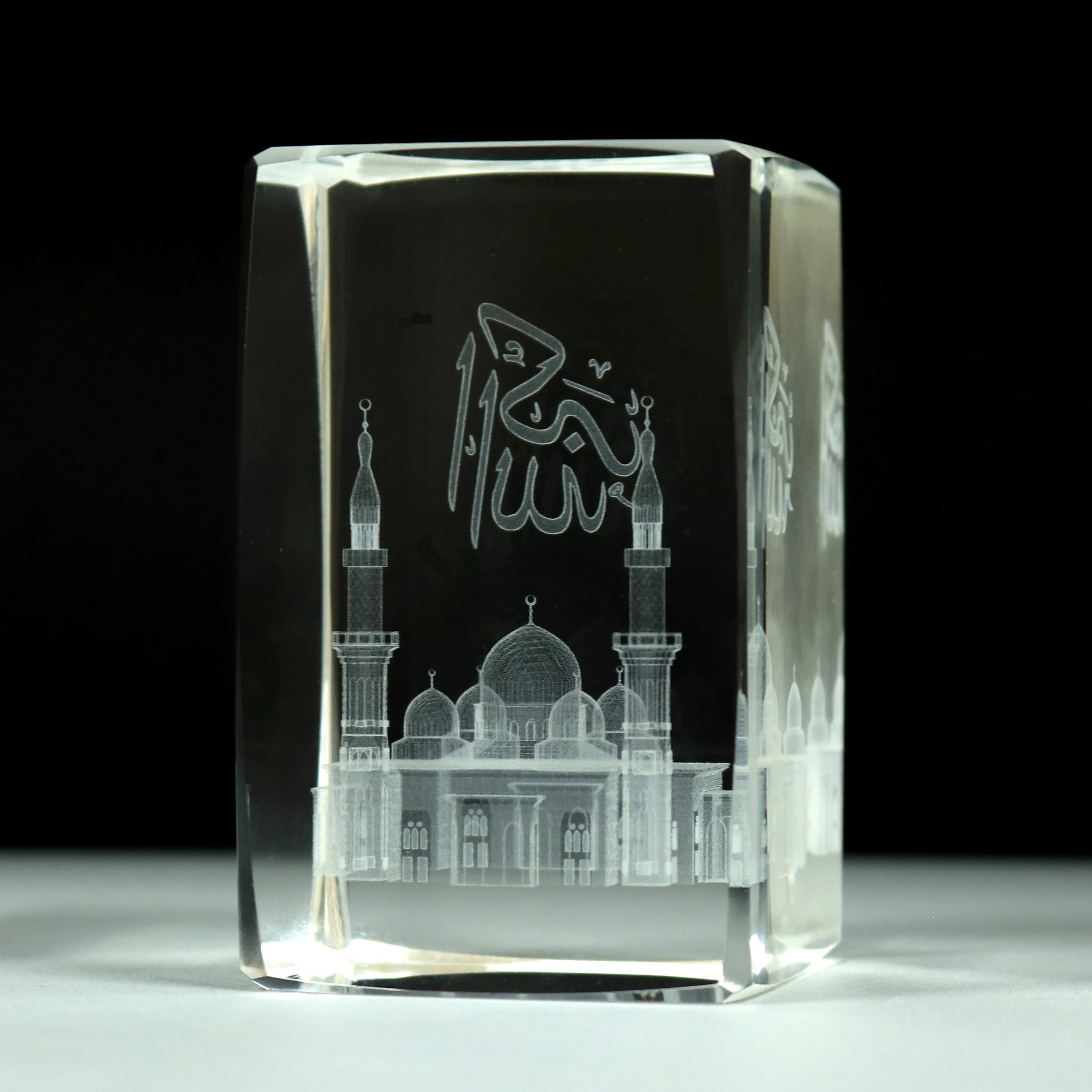 Custom 3D Laser Engraved Islamic Masjid Nabawi Allah Crystal Glass Building Model Cube For Muslim Wedding Souvenir Guest Gifts