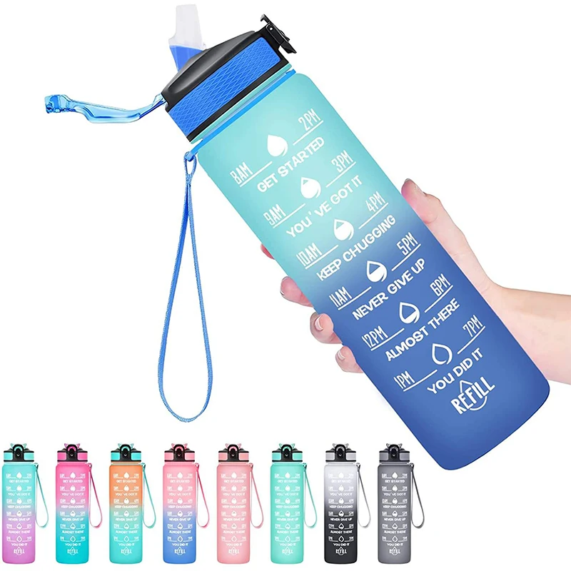 Wholesale 1000Ml 1 Liter Big Motivational Portable Bottle Plastic Water Bottles With Straw Capacity Scale