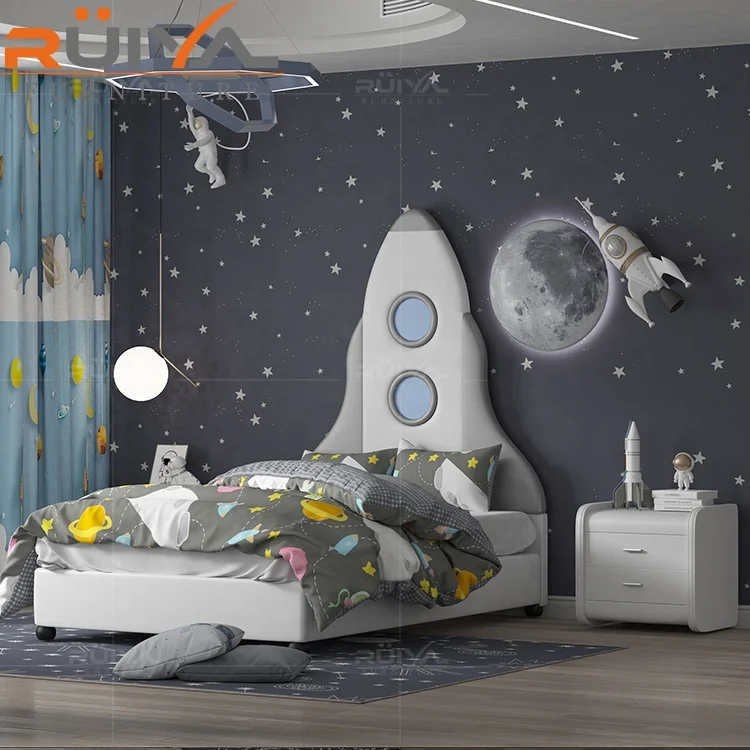 Upholstered Soft Kids Home Furniture Modern rocket shape children wooden double bed designs