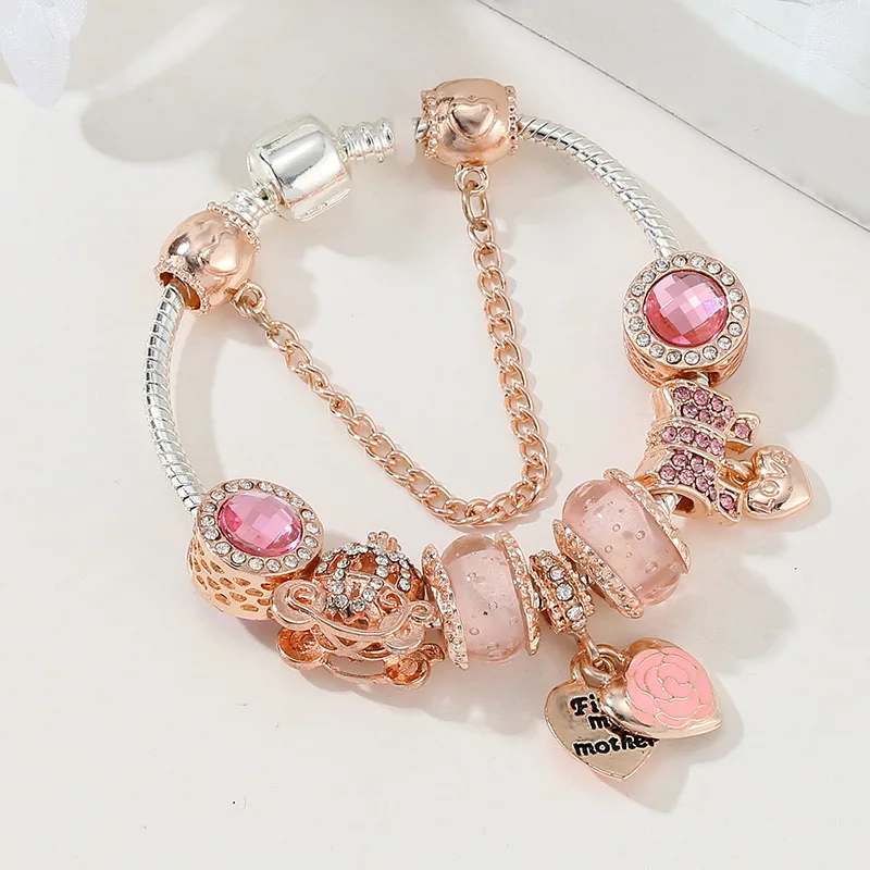 Love Gift to Mom Original charm bracelet  Pink Rose Heart Charm fit Rose Gold Snake Bead Bracelet