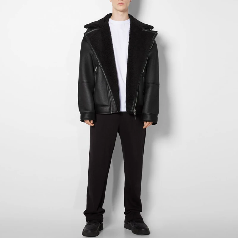 Winter High Quality Regular Long Men Jackets Long Sleeves Coats Custom Leather Coral Fleece Lining Jackets For Men