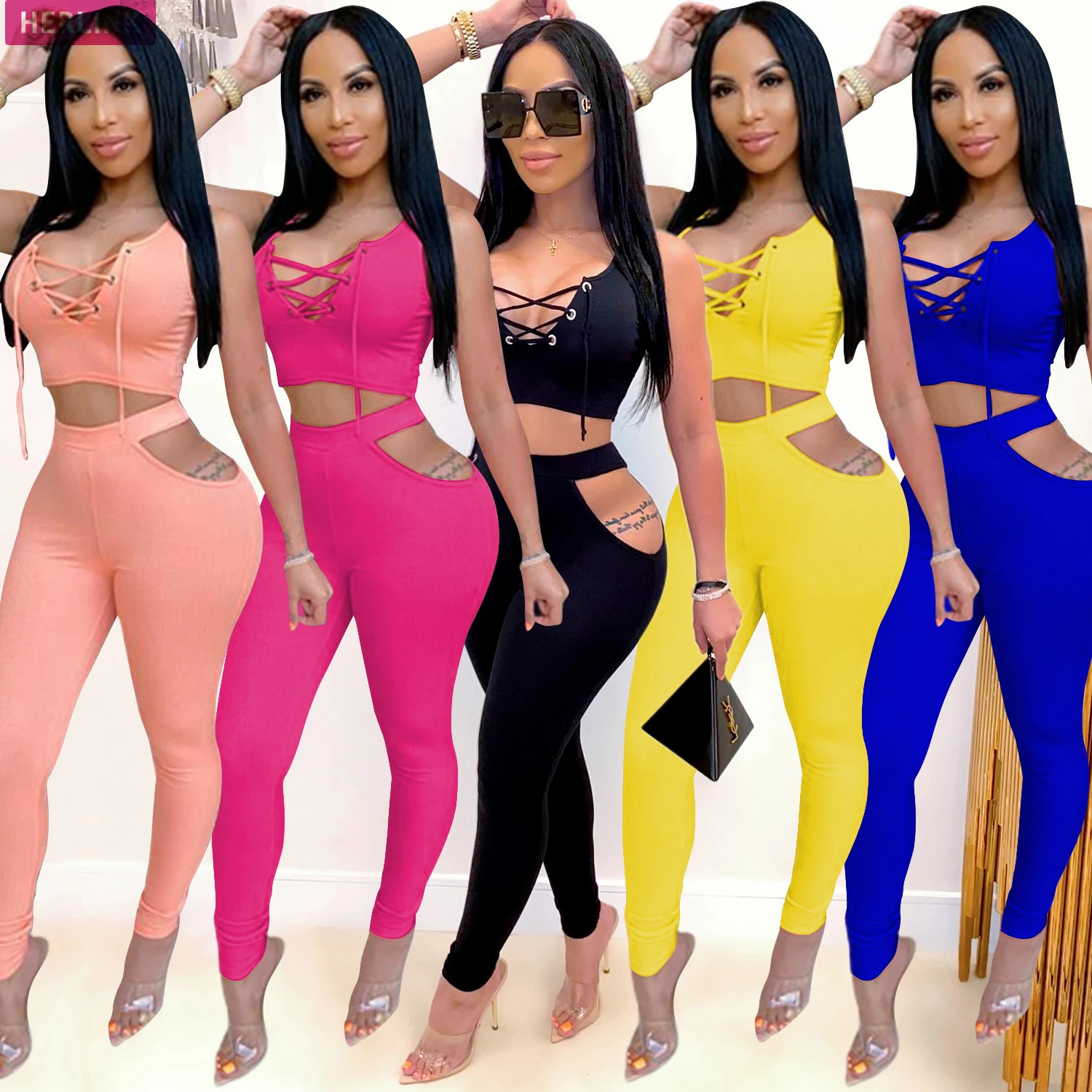 
H3774 women trendy bodycon pant and sleeveless crop top two piece set 
