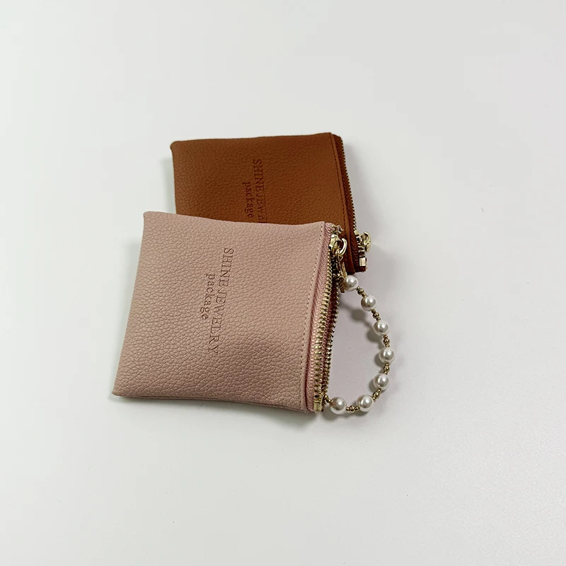 custom printed black leather pu leather magnetic pouch zipper mini jewelry packaging bag set pouch and box for large jewelry