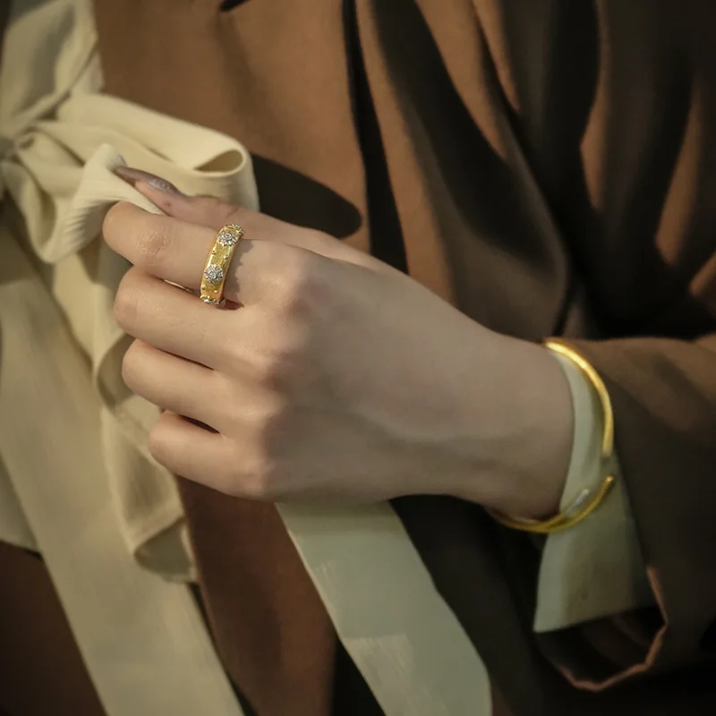 Fashion jewelry Italian craft 925 sterling silver ring 18k gold Insert Brush surface 5A Zircon Chunky Ring