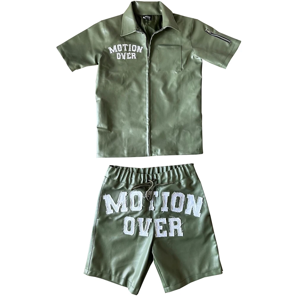 Custom Drawstring Design Black Leather Shorts Applique Embroidery Men Leather Shorts Set