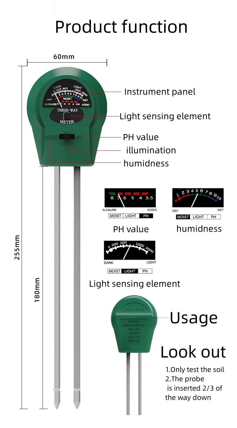 New Design Portable 3-in-1 Garden Soil Moisture Ph Meter Light Sensor Tester For Home Use Garden Soil Tester
