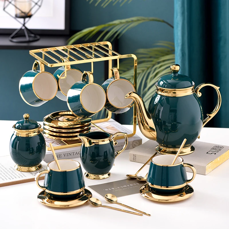 European Luxury Gold Edge Coffee Cup and Saucer Set Ceramic Home Afternoon Tea Set with Cup Holder