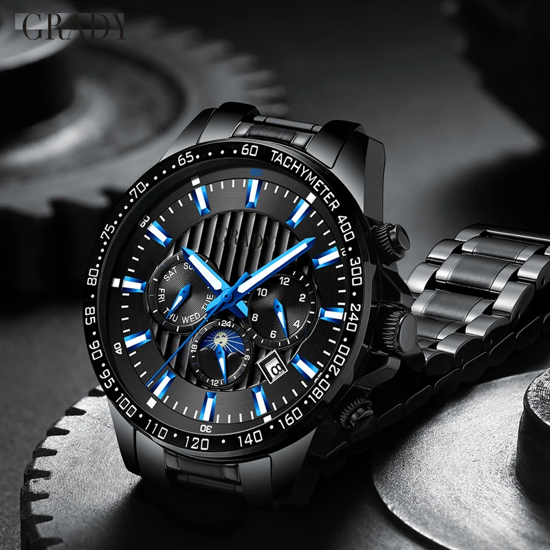 Men top brand luxury mechanical watches wrist black gold case leather wristwatch