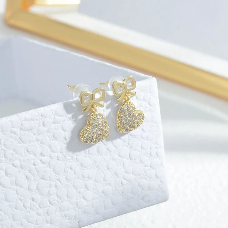 ED80295 Korean fashion gold plated women jewelry diamond heart drop bowknot stud earrings