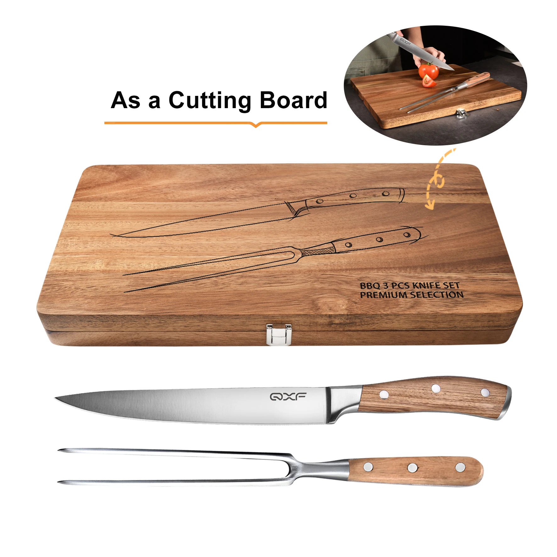 High End Muti-functional 3 PCS BBQ Knife Set Gift Box Set 8 Inch Carving Knife & Carving Fork with Wooden Cutting Board