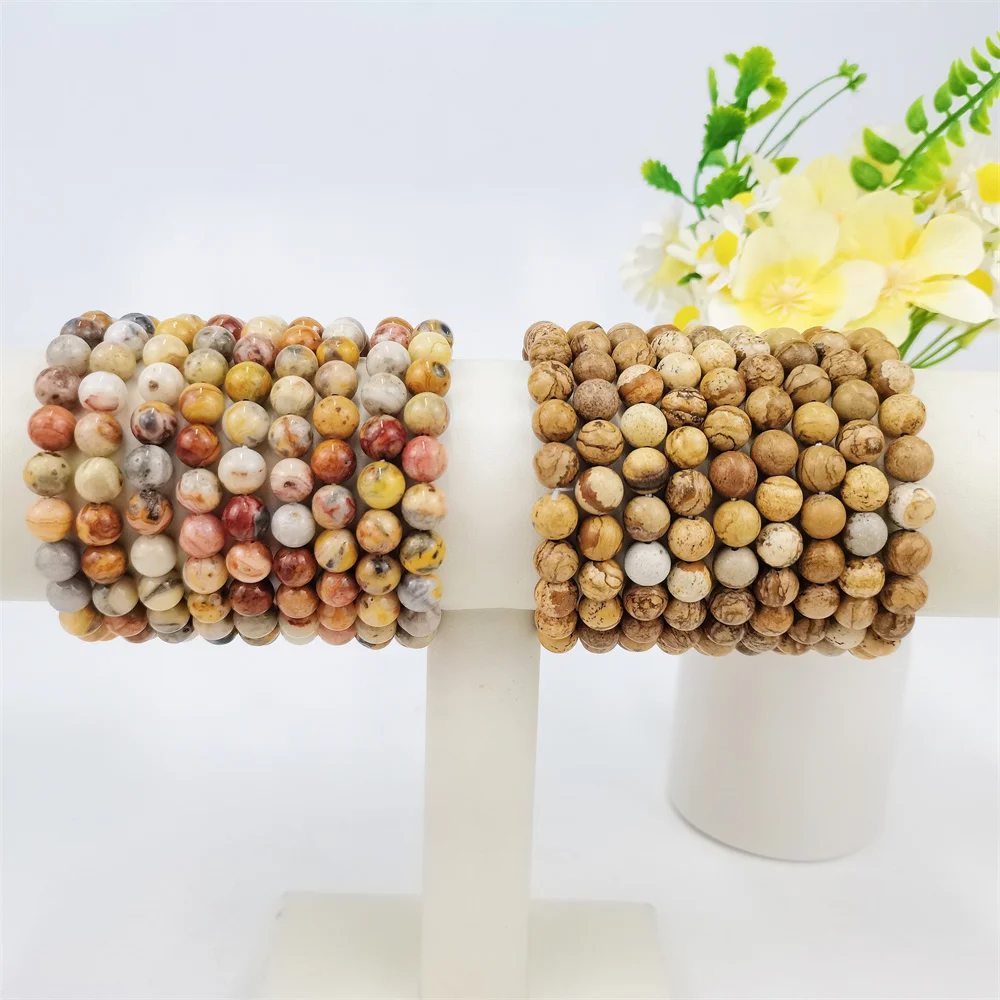 Crystals Wholesale Bulk Crafts 8mm Picture Jasper Crazy Agate Crystal Beads Jewelry Bracelet for Gift