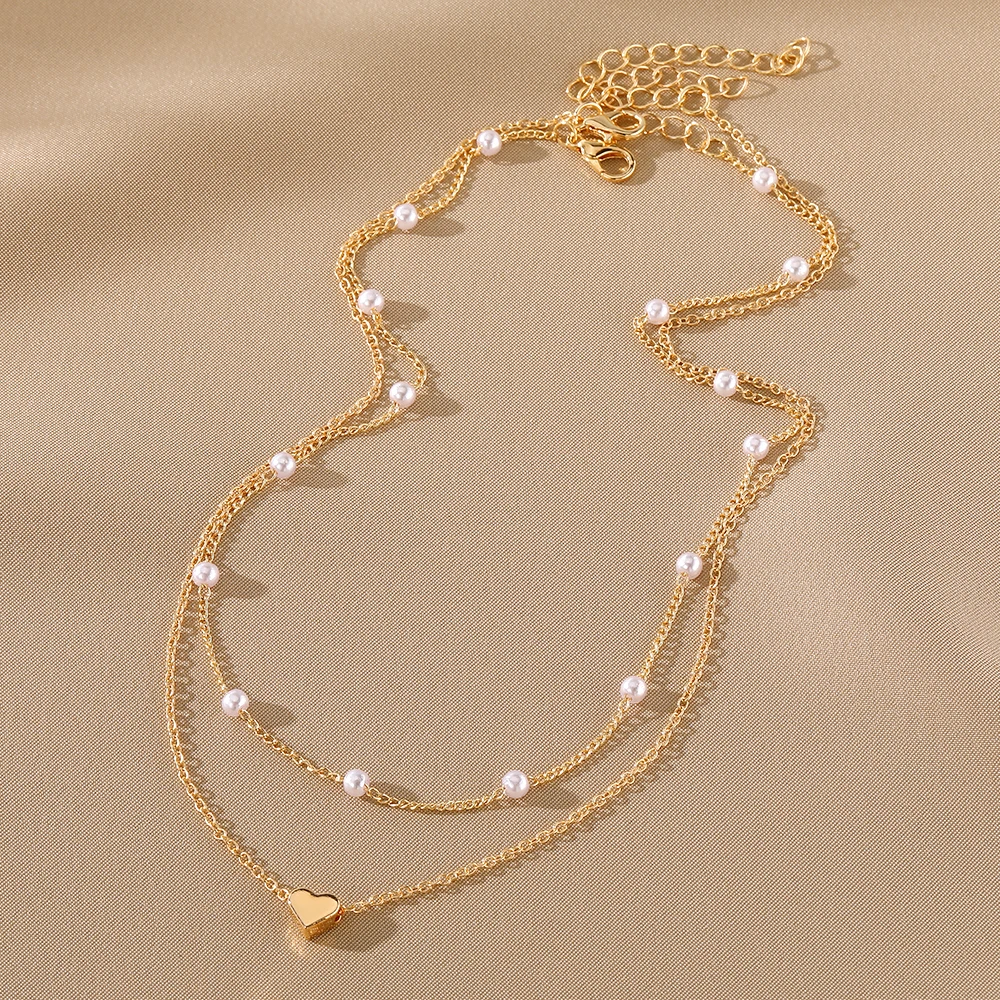 2024 New Fashionable Gold Pearl Geometric Heart Drop Cross Pendant Necklace For Women Jewelry Multilayer Link Chain Gift