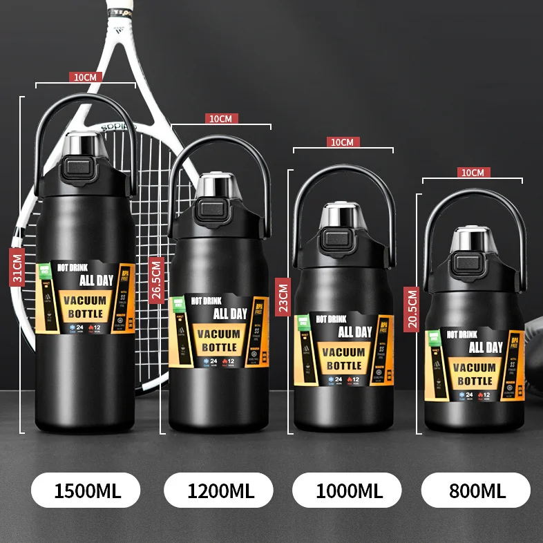 800ml 1000ml 1200ml 1500ml American Style Stainless Steel Vacuum Flasks Gym Sports Thermos Water Bottle With 2 In 1 Drinking Lid