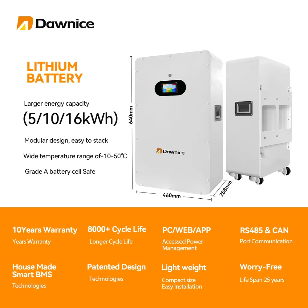 Dawnice 8000 cycles Easy To Move 15kWh 5 kWh 5 kw Eu Stock Wall Mounted Lithium Solar Battery 100Ah 200Ah 48V 51.2v Batteries