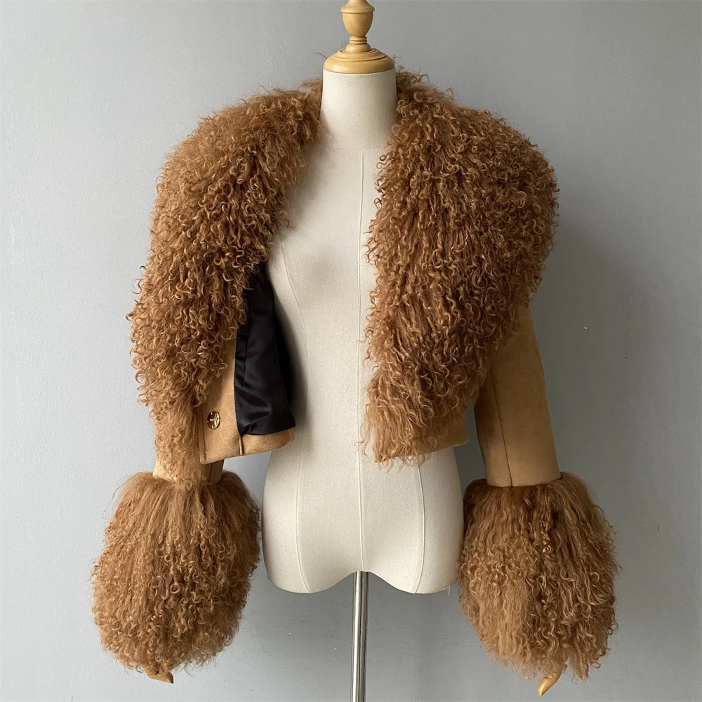 Full Sleeves Soft Women Genuine Sheepskin Coat Lamb Fur Collar Fall Winter OEM Custom Logo Cropped Real Sude Leather Jackets