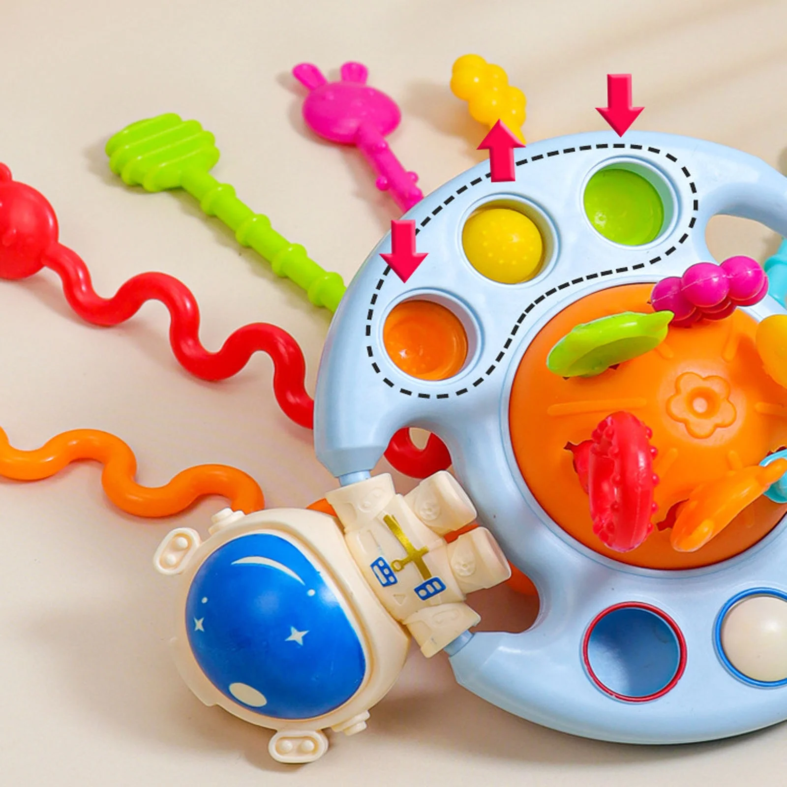 Toddlers Feeling Space Soft Silicone Pull String Multicolor Bell Educational Toy Baby Palm Teething Astronaut Sensory Toys