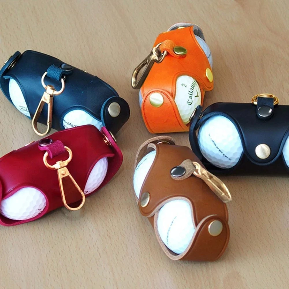Golf Ball Pouch Tee Holder Belt Waist Bag Made of PU Leather for Golf Sports Accessory Holds 2 Balls