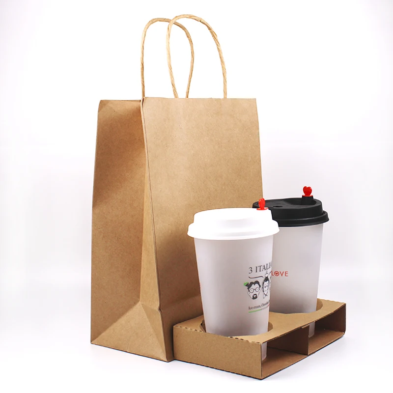 Custom Log Brown Kraft Coffee Cup Carry Paper Bag With Corrugated o  2/4 Drink Cups Corrugated Holders,Fast Food Kraft Paper Bag