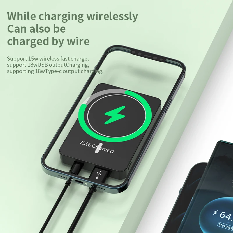 15W OEM Mobile Charge Mini 5000mah Magnetic Wireless Power Bank with Wireless Charging 3.0