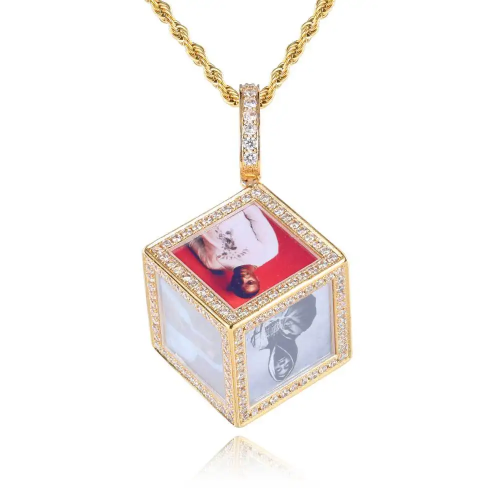 Customizable Brass Cube Pendant Photo Necklace Trendy Hip Hop Ice out Necklaces with Family Personalized Portrait for Weddings