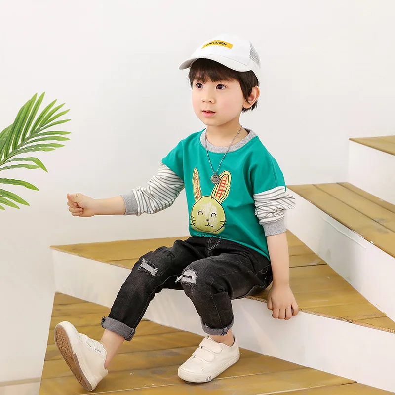 Весенняя детская одежда, хлопковая футболка с длинным рукавом для мальчиков и девочек, детская индивидуальная мультяшная рубашка