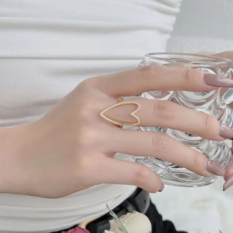 Dylam Ins Style Fine Simple Love Zircon Ring S925 Silver 18K Gold Hollow Diamond Cz Cubic Zirconia Heart Rings Jewelry Women