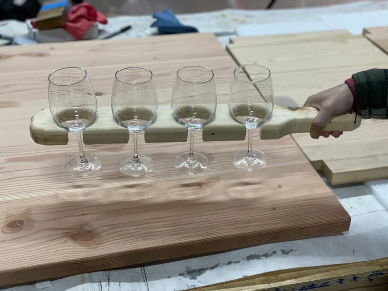 FSC Wholesale Bar Tasting Flight Paddle Board Shot Glass Paddle Wooden Serving Tray Wine Cup Holder Shot Glass Tray
