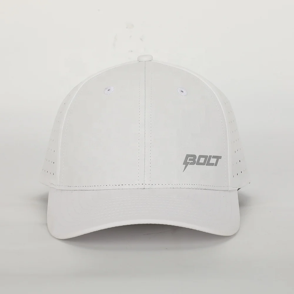 OEM Custom High Quality 6 Panel Reflective Printed Logo Laser Cut Hole Perforated Sport Performance Dad Hat,White Baseball Cap